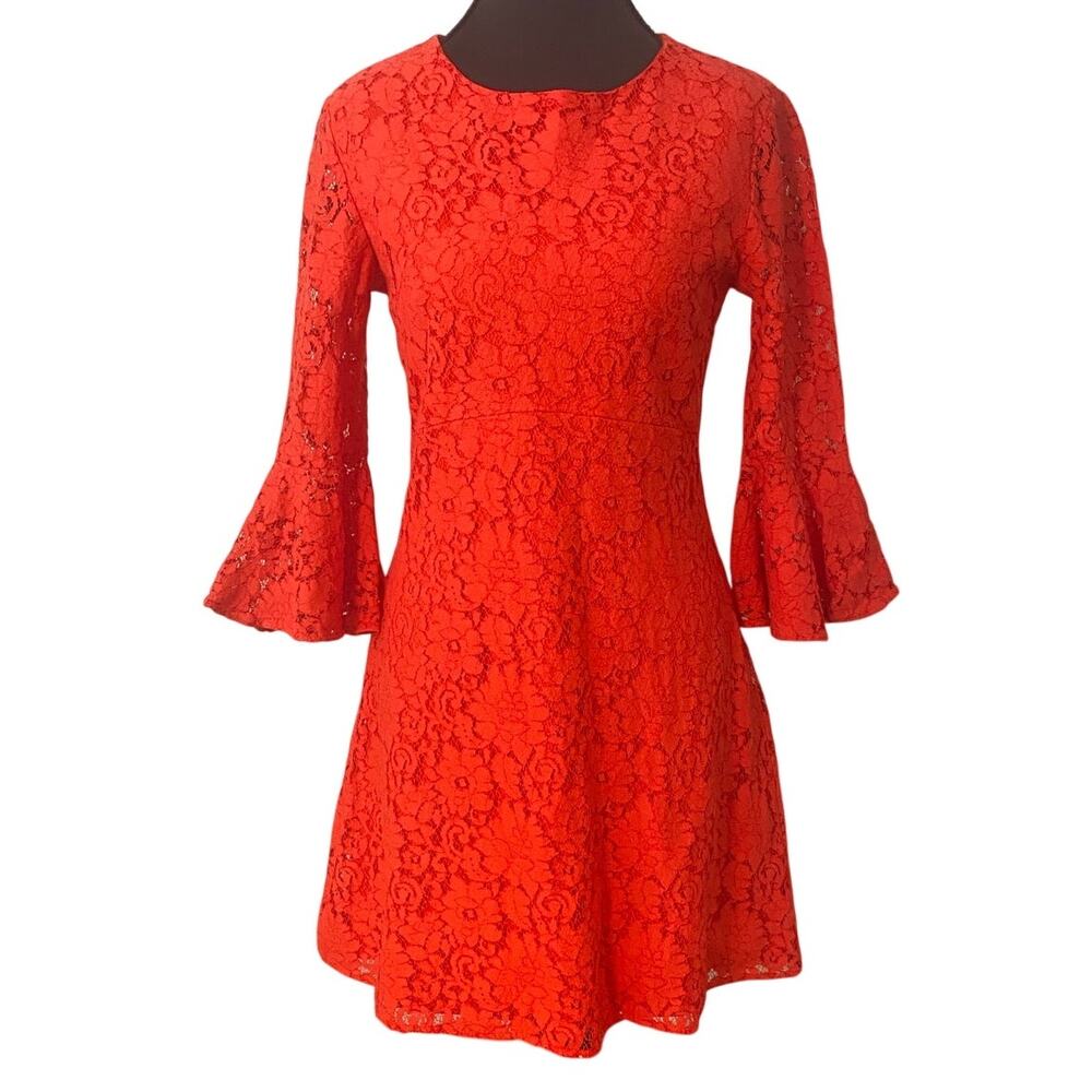 Lulus Favorite Flair Red Lace Bell Sleeve Dress Fit Flare Small Date Night Guest